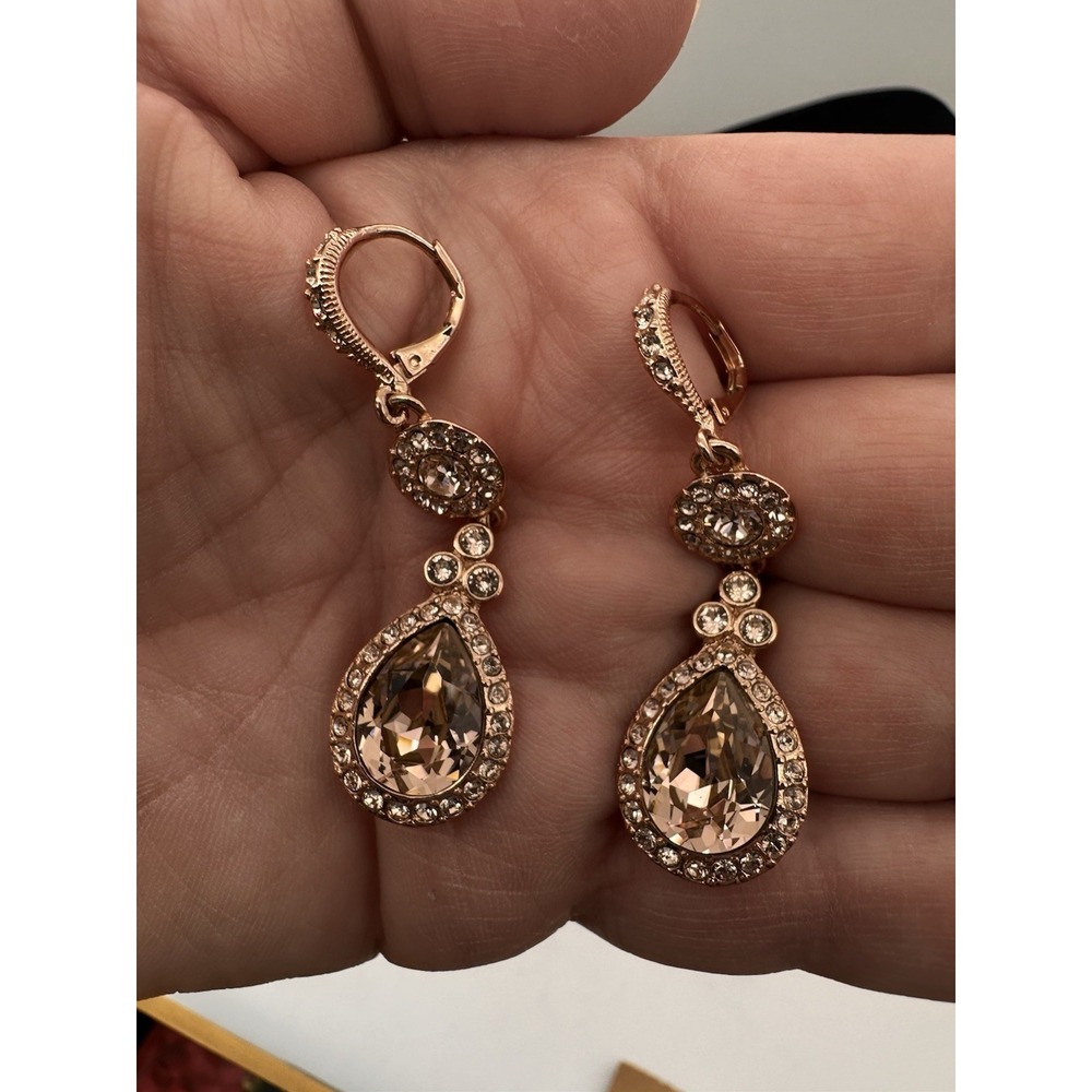 Givenchy Rose Gold Swarovski Crystal Linear Earrings Lever Back Drop Style Bling - Picture 9 of 10